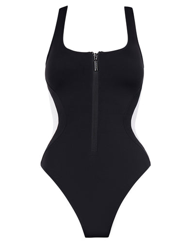 Outline image showing Scoopy Seamed Zip Racerback Shapewear Swimsuit - Black/White