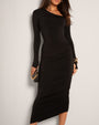 Model wears in Goddess Shaping Shapewear Midi Skirt - Black front view