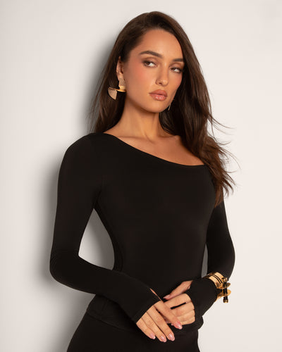 Model wears Sculpty One Shoulder Long Sleeve Shapewear Top - Black full font view