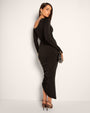 Model wears Sculpty One Shoulder Long Sleeve Shapewear Top - Black and a skirt side view
