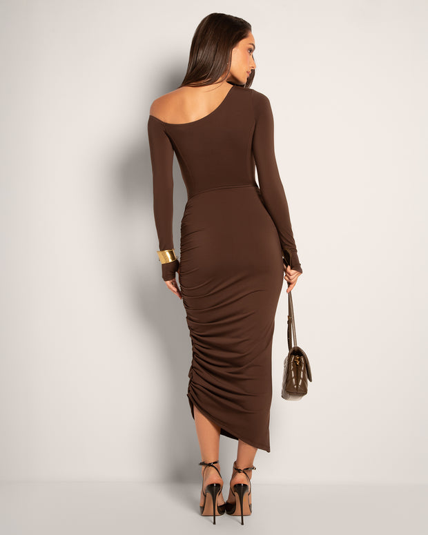 Model wears Sculpty One Shoulder Long Sleeve Shapewear Top - Espresso with a skirt full back view