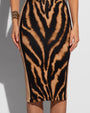 Model wears Seamed Lushy Halter Shapewear Midi Dress - Contour Golden Zebra Skirt Close Up