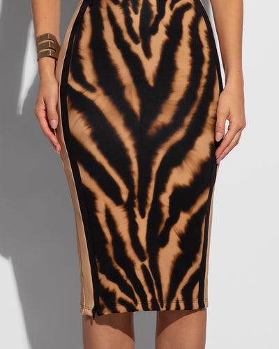 Model wears Seamed Lushy Halter Shapewear Midi Dress - Contour Golden Zebra Skirt Close Up