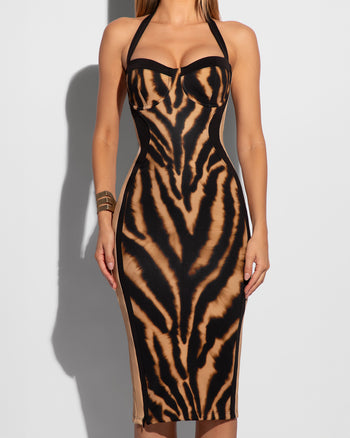 Model wears Seamed Lushy Halter Shapewear Midi Dress - Contour Golden Zebra Close Up