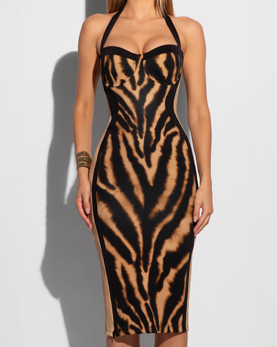 Model wears Seamed Lushy Halter Shapewear Midi Dress - Contour Golden Zebra Close Up
