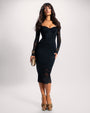 Full body front view of Seamed Lushy Long Sleeve Midi Dress - Lace Black