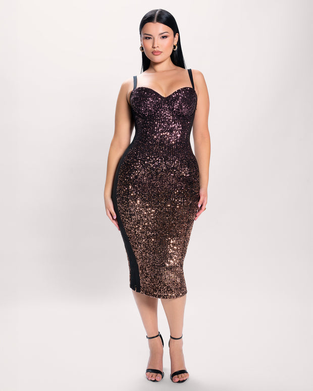 Model in Seamed Lushy Midi Dress - Sequin Ombre Bronze/Plum full body front view