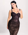 Front view close up of Seamed Lushy Midi Dress - Sequin Ombre Bronze/Plum