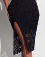 Model wears Seamed Lushy Pencil Midi Shapewear Dress - Lace Black close up of zipper and lace