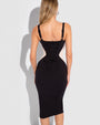 Model wears Seamed Lushy Pencil Midi Shapewear Dress - Contour Black/Oat back view