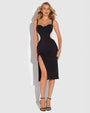 Model wears Seamed Lushy Pencil Midi Shapewear Dress - Contour Black/Oat full front view dress is unzipped