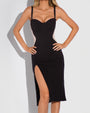 Model wears Seamed Lushy Pencil Midi Shapewear Dress - Contour Black/Oat close up