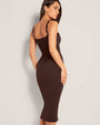 Model wears Seamed Lushy Pencil Midi Shapewear Dress - Espresso Shine back view