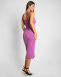 Model wears Seamed Lushy Pencil Midi Shapewear Dress - Mulberry back view