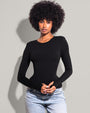 Model wears Shapey Crew Neck Long Sleeve Sculpting Shapewear Top - Soft Modal Jersey Black