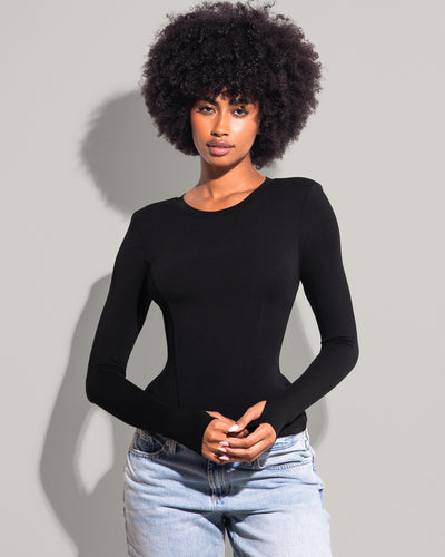 Model wears Shapey Crew Neck Long Sleeve Sculpting Shapewear Top - Soft Modal Jersey Black