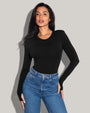 Model wears Shapey Crew Neck Long Sleeve Sculpting Shapewear Top - Soft Modal Jersey Black front view