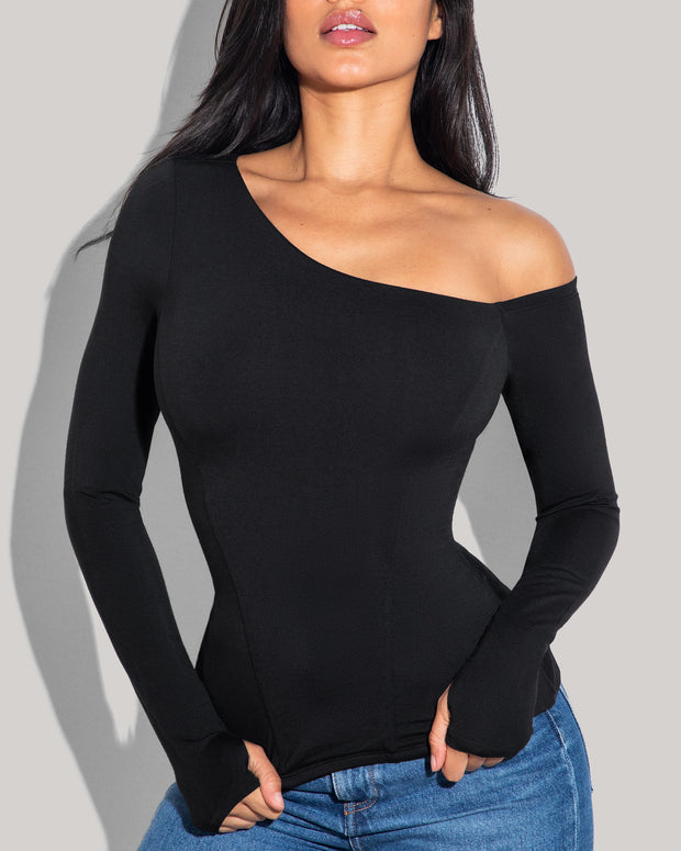 Shapey Long Sleeve One Shoulder Sculpting Shapewear Top - Black front view close up