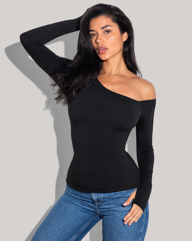 Model is posing in Shapey Long Sleeve One Shoulder Sculpting Shapewear Top - Black side view