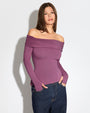 Model wears Shapey Off Shoulder Long Sleeve Corseted Shapewear Top - Grape with jeans