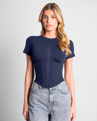 Model wears in Short Sleeve Corsety Sculpting Shapewear Top - Midnight full front view