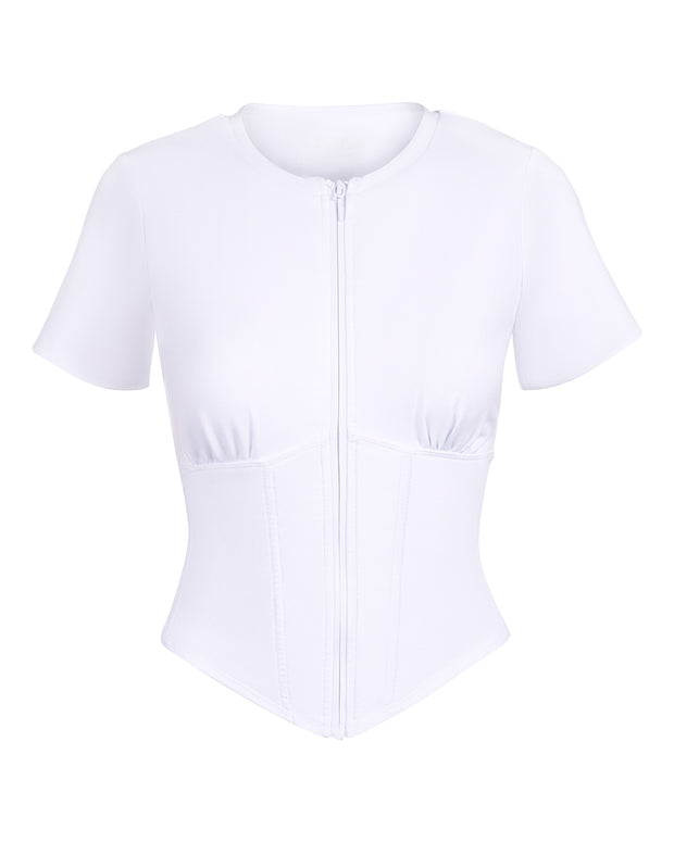 Outline image showing Short Sleeve Corsety Sculpting Shapewear Top - White