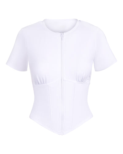 Outline image showing Short Sleeve Corsety Sculpting Shapewear Top - White