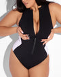 Size Large Model wears Sleeveless Surfy Shapewear Swimsuit - Contour Black/White front view close up