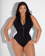 Size L Model wears Sleeveless Surfy Shapewear Swimsuit - Contour Black/White