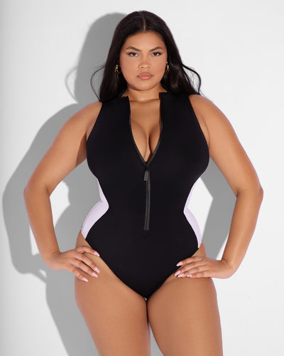 Size L Model wears Sleeveless Surfy Shapewear Swimsuit - Contour Black/White