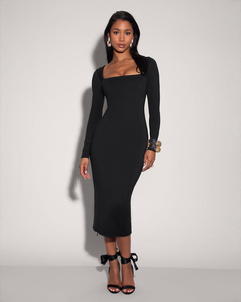 Model wears Squarey Long Sleeve Midi Shapewear Dress - Black full front view