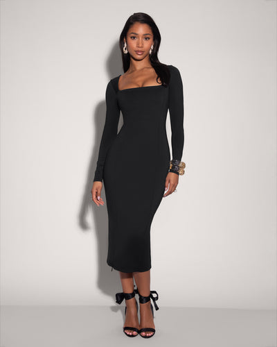 Model wears Squarey Long Sleeve Midi Shapewear Dress - Black full front view