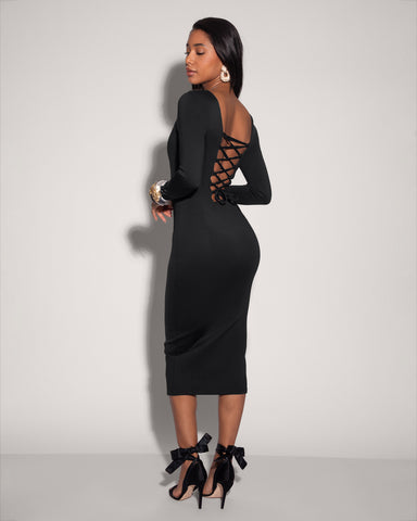 Model wears Squarey Long Sleeve Midi Shapewear Dress - Black back view