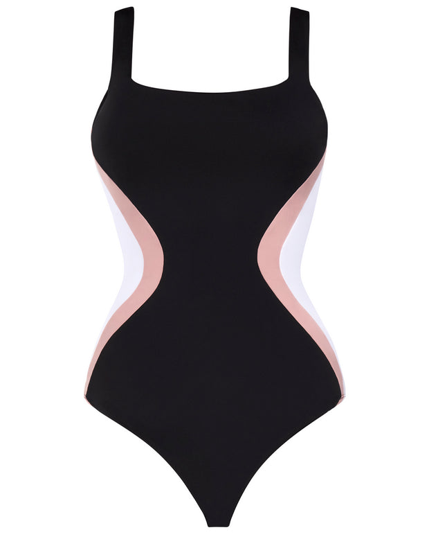Outline image showing Squarey - Black/Rose/White Square Neck Shapewear Swimsuit