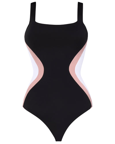 Outline image showing Squarey - Black/Rose/White Square Neck Shapewear Swimsuit