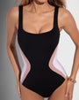 Model wears Squarey - Black/Rose/White Square Neck Shapewear Swimsuit front view close up