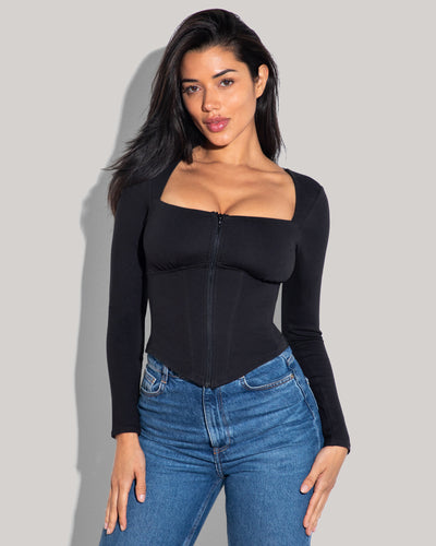 Model is posing in Corsety Square Neck Long Sleeve Sculpting Shapewear Top - Black