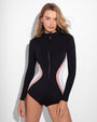 Model wears Surfy Boy Shortie Shapewear Swimsuit - Contour Black/Rose/White front view zipped up