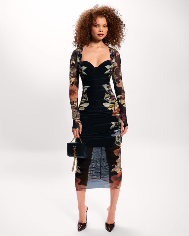 Full body front view of Sweetie Long Sleeve Midi Dress - Moody Floral
