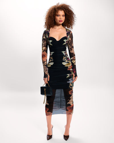 Full body front view of Sweetie Long Sleeve Midi Dress - Moody Floral
