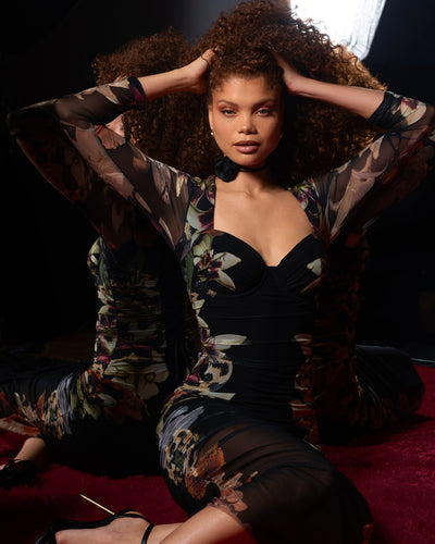 Model wearing Sweetie Long Sleeve Pencil Dress - Moody Floral front view