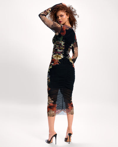 Full body back view of Sweetie Long Sleeve Midi Dress - Moody Floral