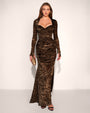 Model wears Sweetie Long Sleeve Gown - Velvet Mesh Espresso full body front view