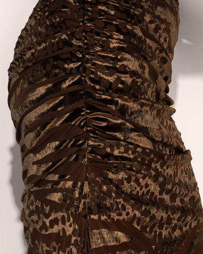 Close up image of Sweetie Long Sleeve Gown - Velvet Mesh Espresso ruching detail on side
