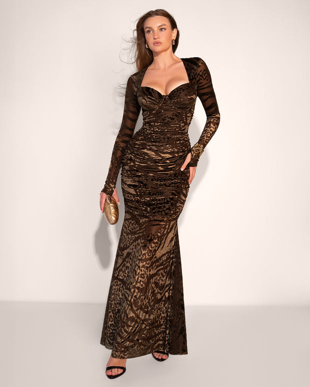 Model is posing in Sweetie Long Sleeve Gown - Velvet Mesh Espresso full body front view