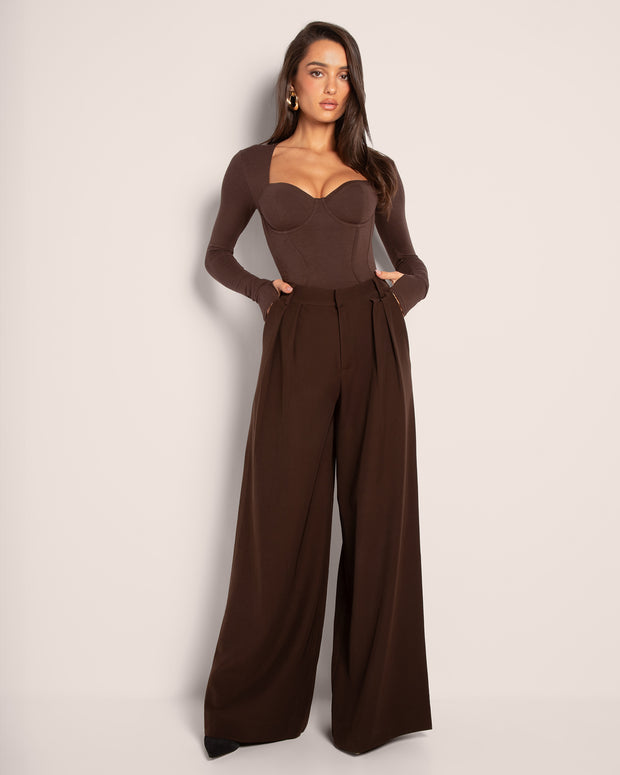 Model wears Pleaty Wide Leg Pleated Pant - Espresso with top full front view