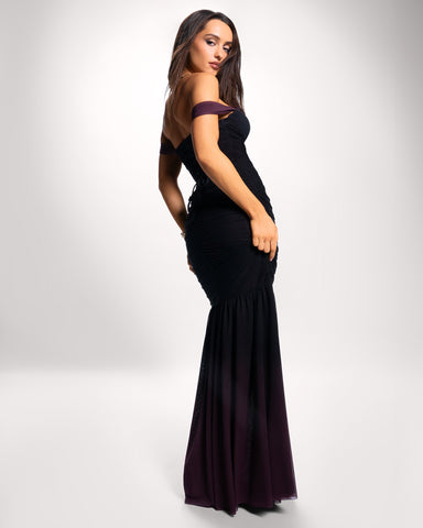 Model wearing Sweetie Mermaid Dress - Ombre Garnet full body back view