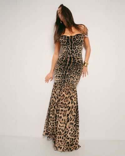 Model Wears Sweetie Mermaid Shapewear Dress - Symmetric Leopard Front View