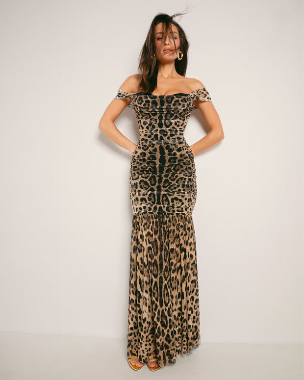 Model Wears Sweetie Mermaid Shapewear Dress - Symmetric Leopard Full Body Front View