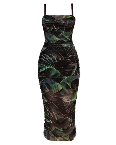 Model wears Sweetie Mesh Column Dress - Black Lily full body back view